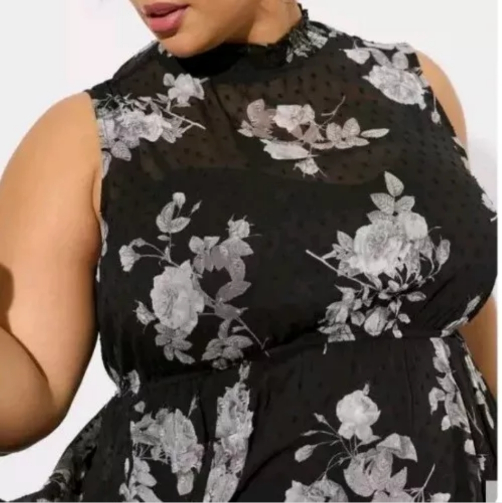 Torrid Midi Dress Woman Plus 4X High Neck Dark Floral Sheer Chiffon Clipdot Nwt